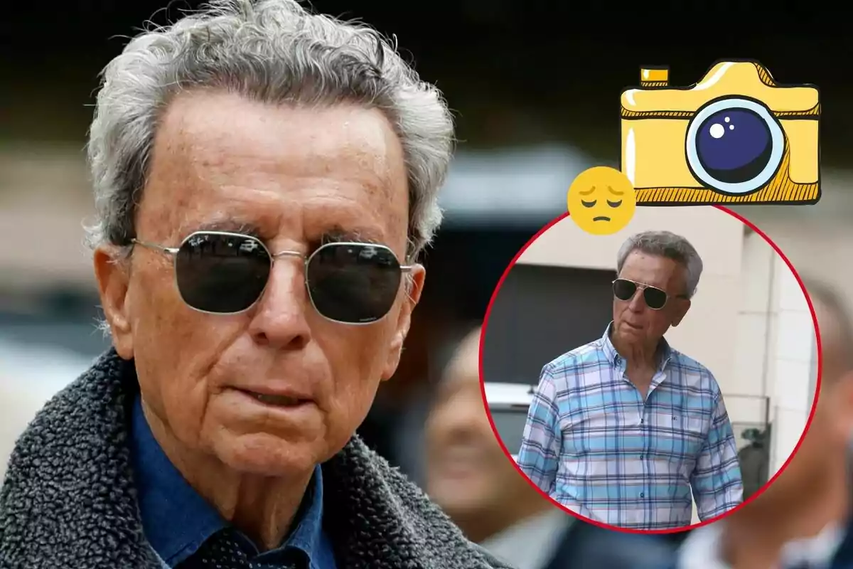 Ortega Cano amb ulleres de sol i cabells canosos, acompanyat d’un requadre amb la seva imatge en una altra ocasió, al costat d’un dibuix d’una càmera fotogràfica i un emoticona de tristesa