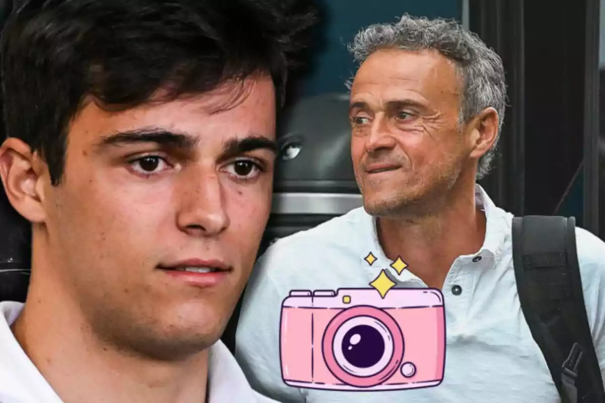Pacho Martínez y Luis Enrique en primer plano con una cámara rosa dibujada en la parte inferior de la imagen