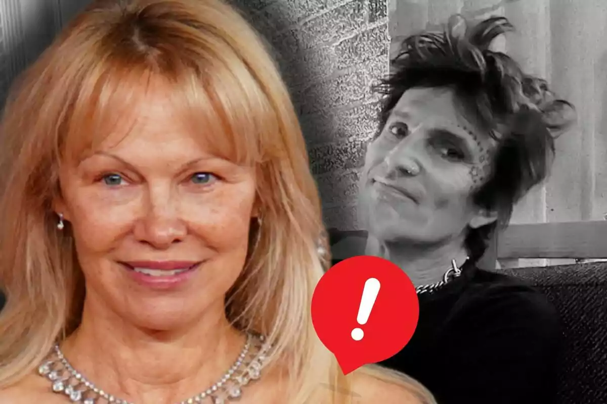 Pamela Anderson en primer pla amb un collaret de diamants i Tommy Lee en blanc i negre al fons amb una icona d’advertència vermella