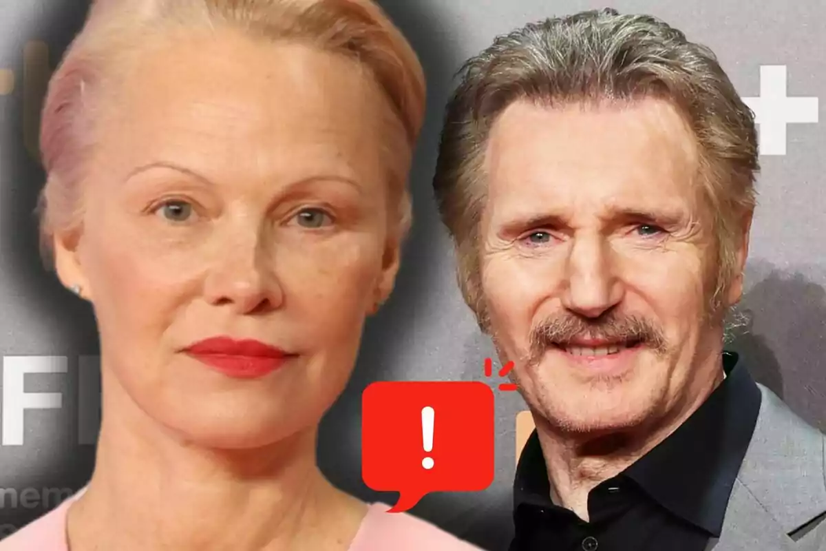Pamela Anderson i Liam Neeson posen davant d’un fons gris amb una icona d’advertència vermella entre ells.
