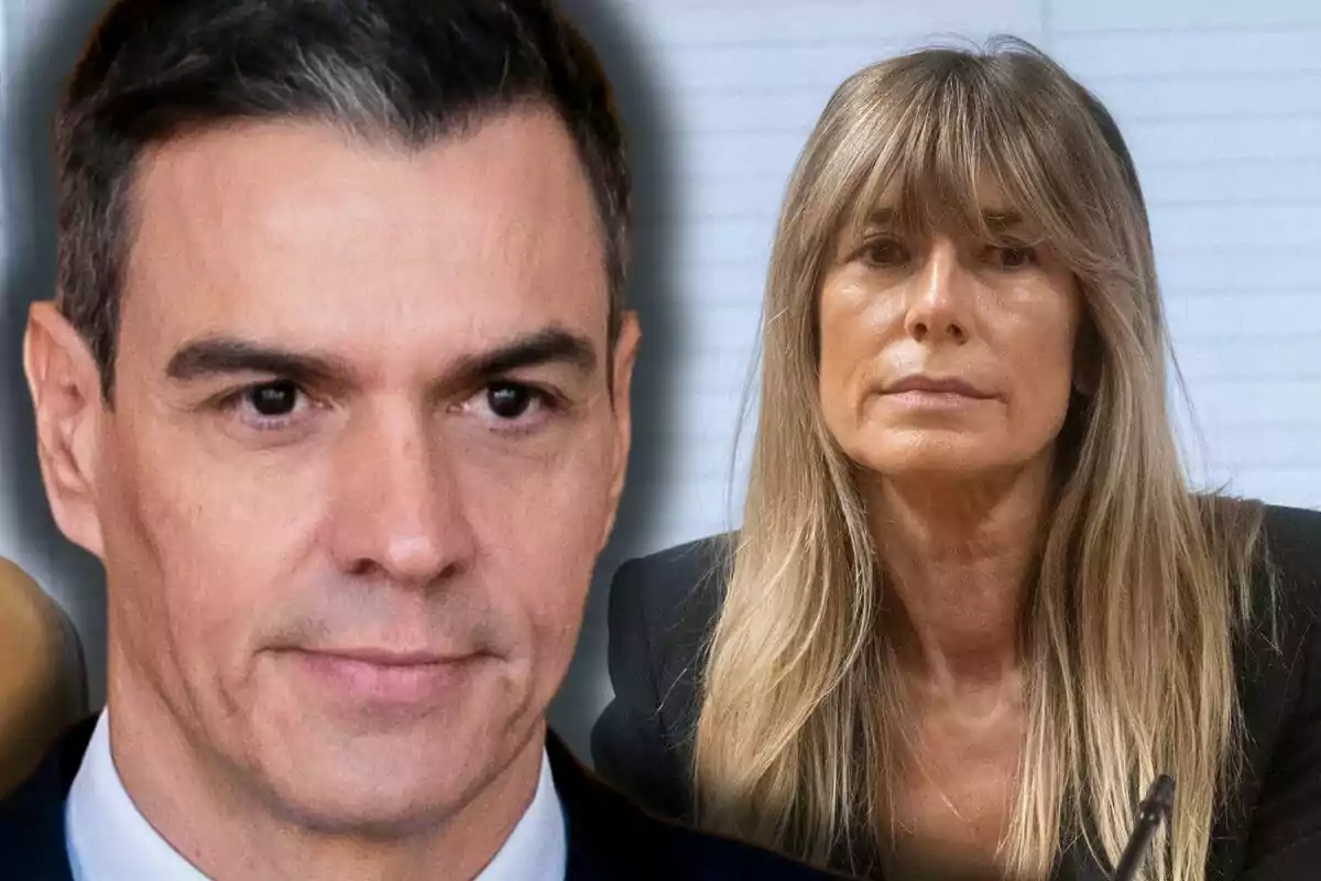 Primer plano de Pedro Sánchez y Begoña Gómez, ambos con expresión seria.