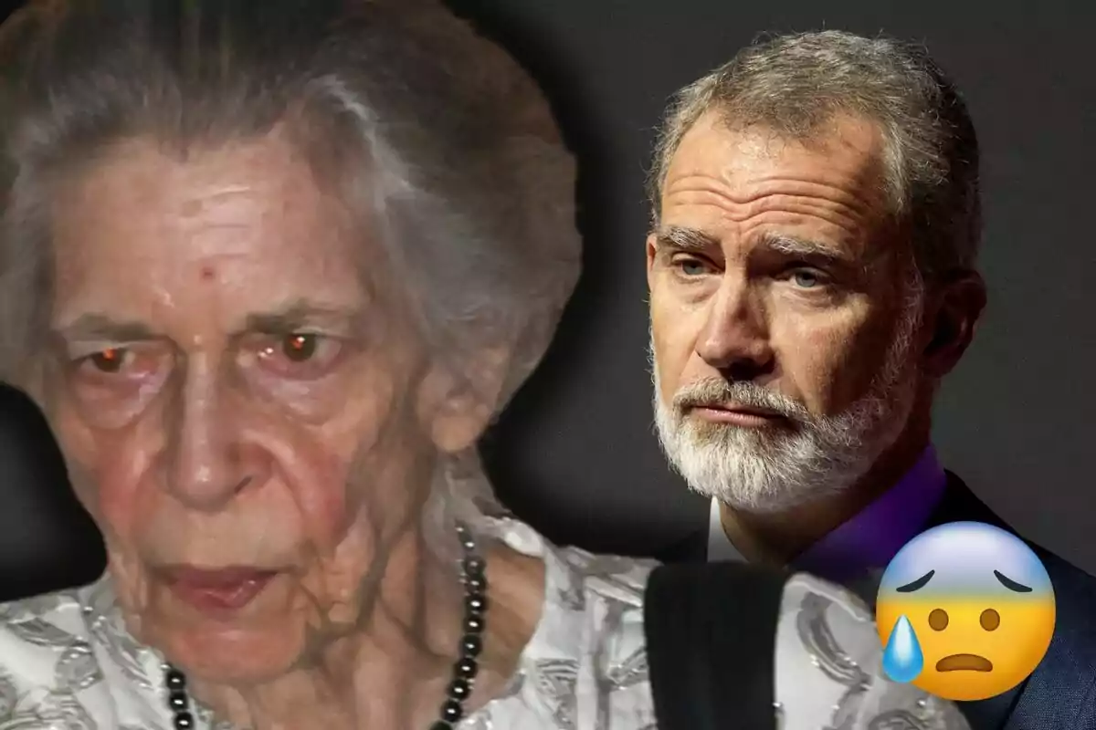 La princesa Irene con expresión seria en primer plano y Felipe VI al fondo con gesto triste junto a un emoji de cara preocupada con una gota de sudor