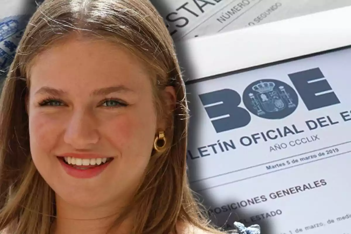 La princesa Leonor sonriente en primer plano con fondo de documentos oficiales del Boletín Oficial del Estado de España