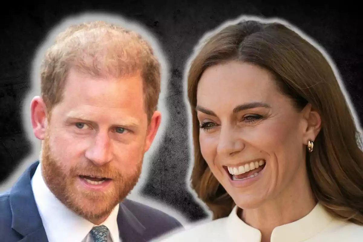 El príncep Harry i Kate Middleton somrients apareixen junts sobre un fons fosc difuminat.