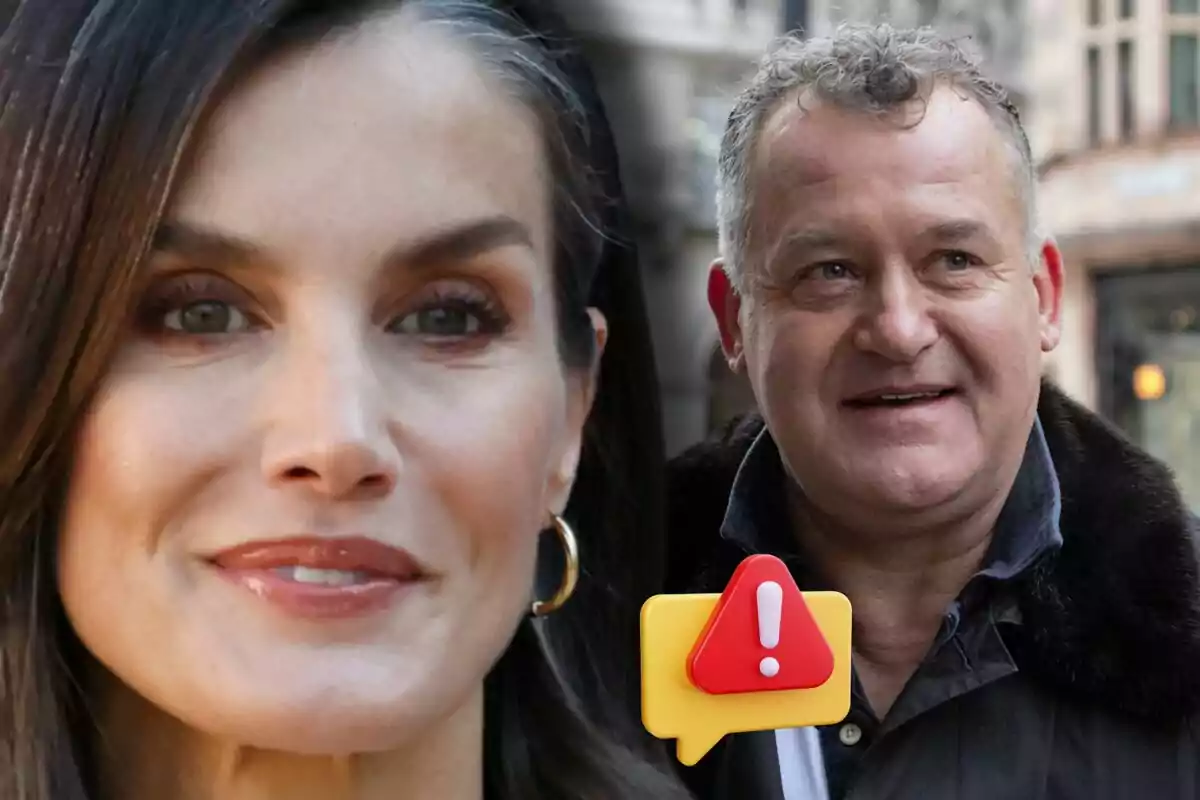 Primer pla de la reina Letícia i Paul Burrell somrient al fons amb una icona d’advertència a la imatge.