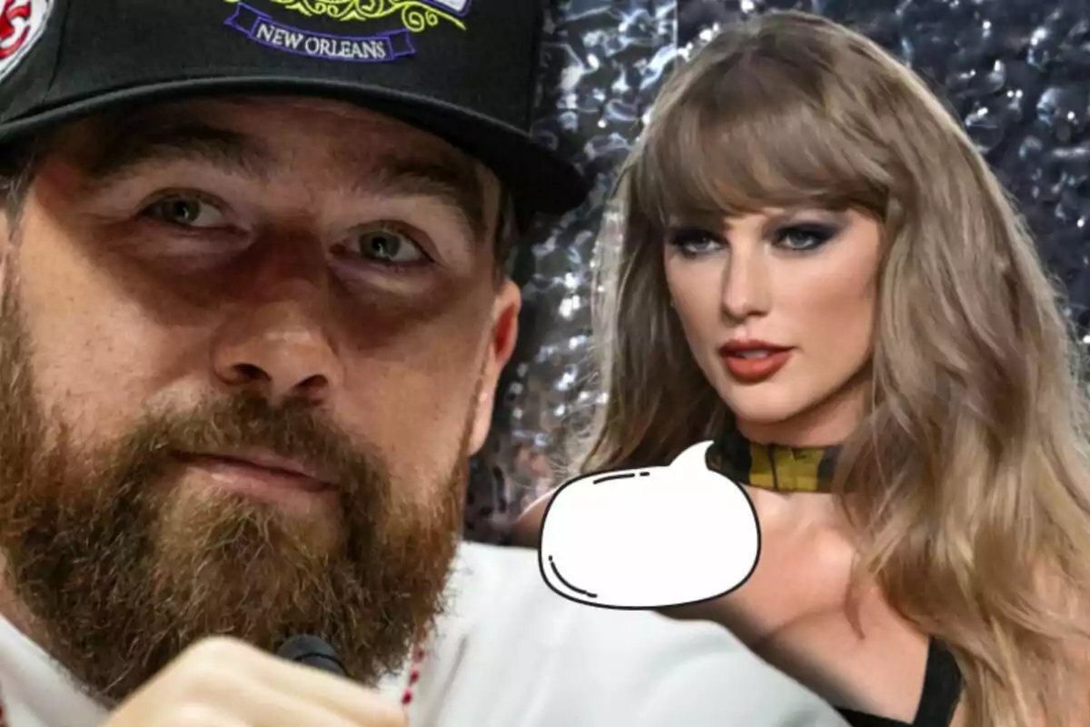 Primer pla de Travis Kelce amb gorra negra al costat de Taylor Swift amb un globus de diàleg buit davant seu