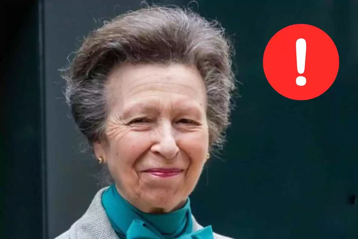 Princess Ana smiling with a dark background and a red circle with a white exclamation mark on the right