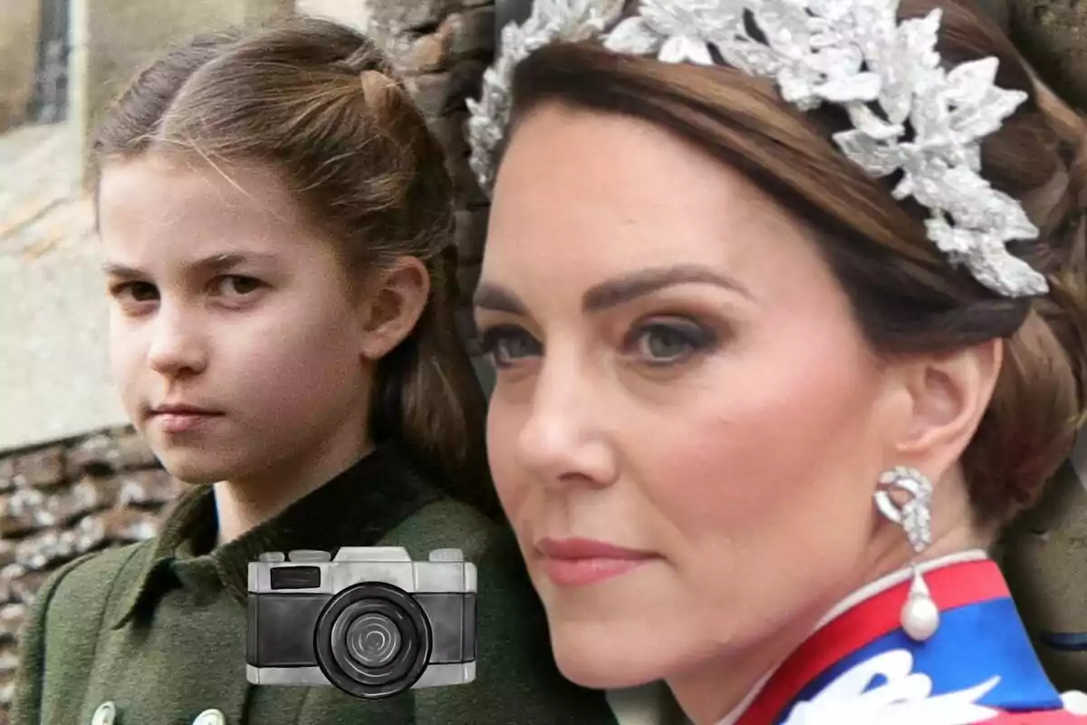 La princesa Charlotte amb expressió seriosa i Kate Middleton amb tiara i arracades elegants apareixen en primer pla al costat d’una icona de càmera fotogràfica.
