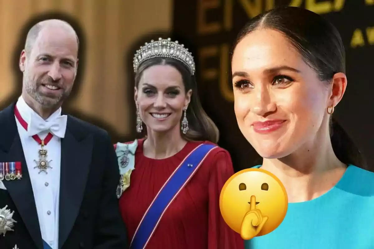El príncep Guillem, la Kate Middleton i la Meghan Markle vestides de manera elegant amb una dona en primer pla somrient i un emoji de silenci superposat