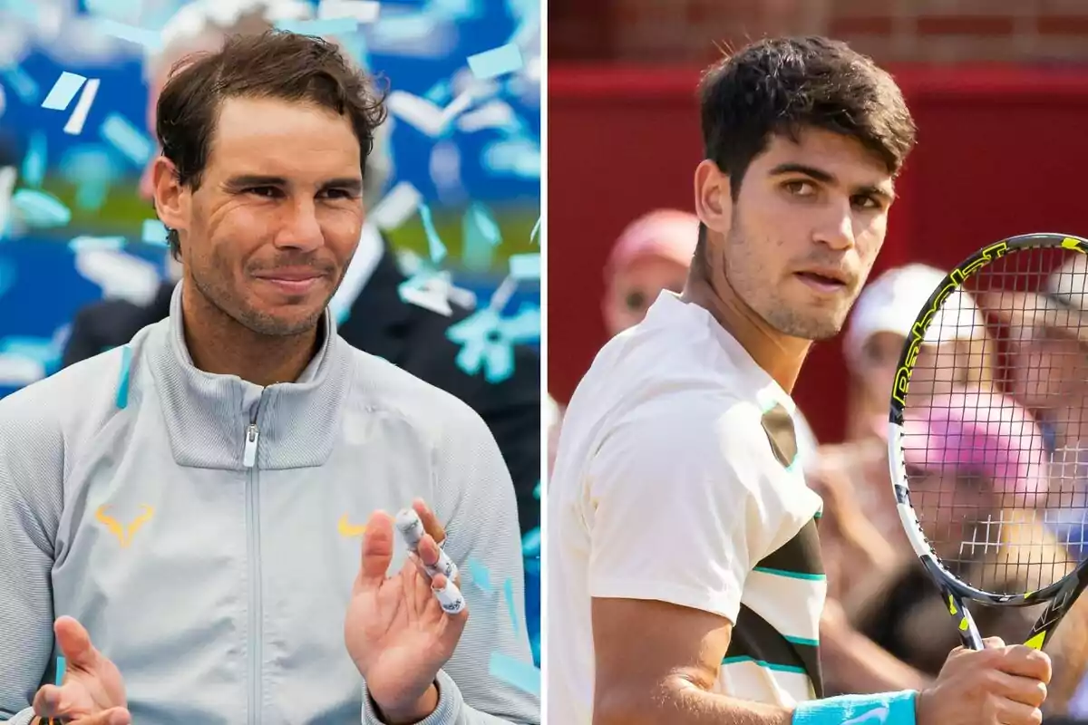 Rafa Nadal i Carlos Alcaraz apareixen a la imatge, un a l'esquerra aplaudint amb confeti blau al voltant i l'altre a la dreta sostenint una raqueta i mirant cap a un costat. Rafa Nadal i Carlos Alcaraz apareixen a la imatge, un a l'esquerra aplaudint amb confeti blau al voltant i l'altre a la dreta sostenint una raqueta i mirant cap a un costat.