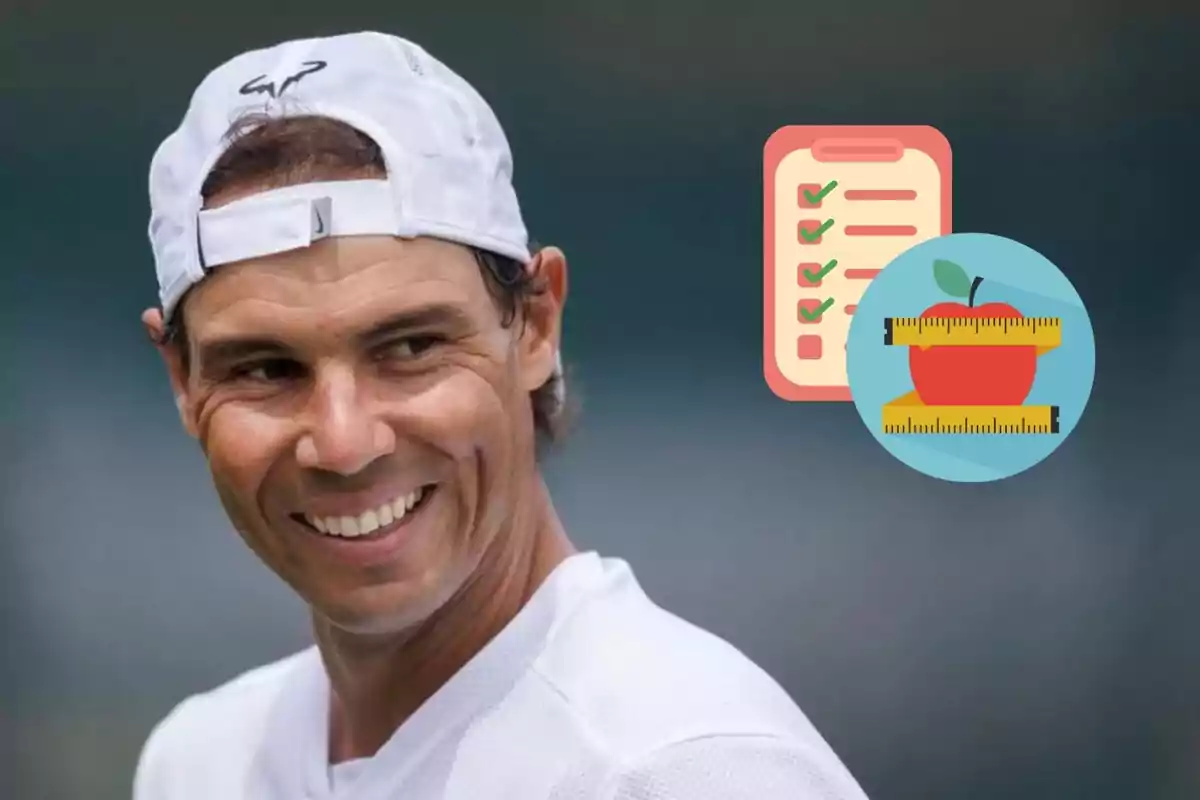 Rafa Nadal wearing a white cap and sports jersey, next to illustrations of a checklist and an apple with a measuring tape.