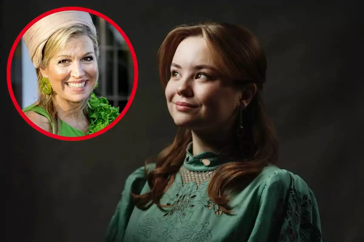 Montage featuring Princess Ariane of the Netherlands, wearing a green dress and shown in profile, and Queen Máxima, smiling broadly inside a red circle located in the upper left corner.