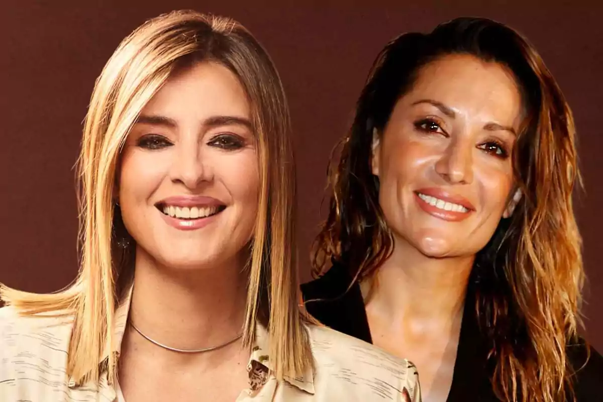 Sandra Barneda y Nagore Robles sonrientes posan frente a un fondo marrón