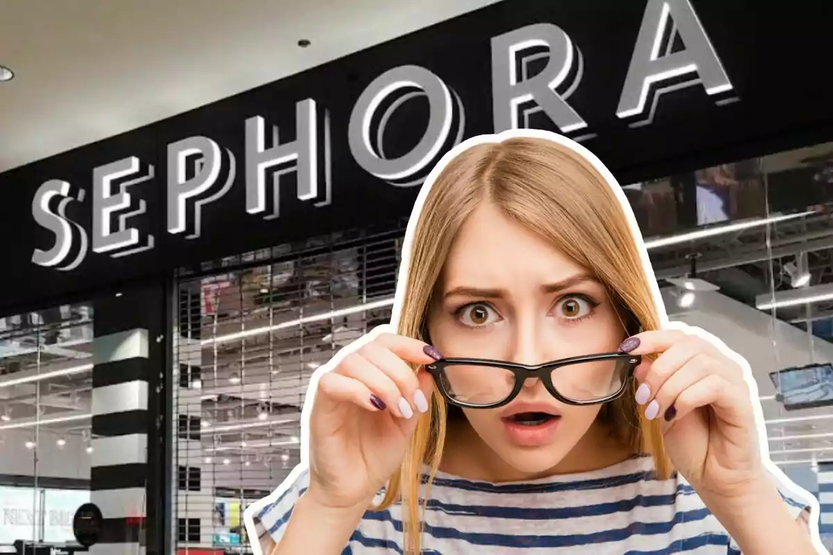 Mujer sorprendida frente a una tienda de Sephora