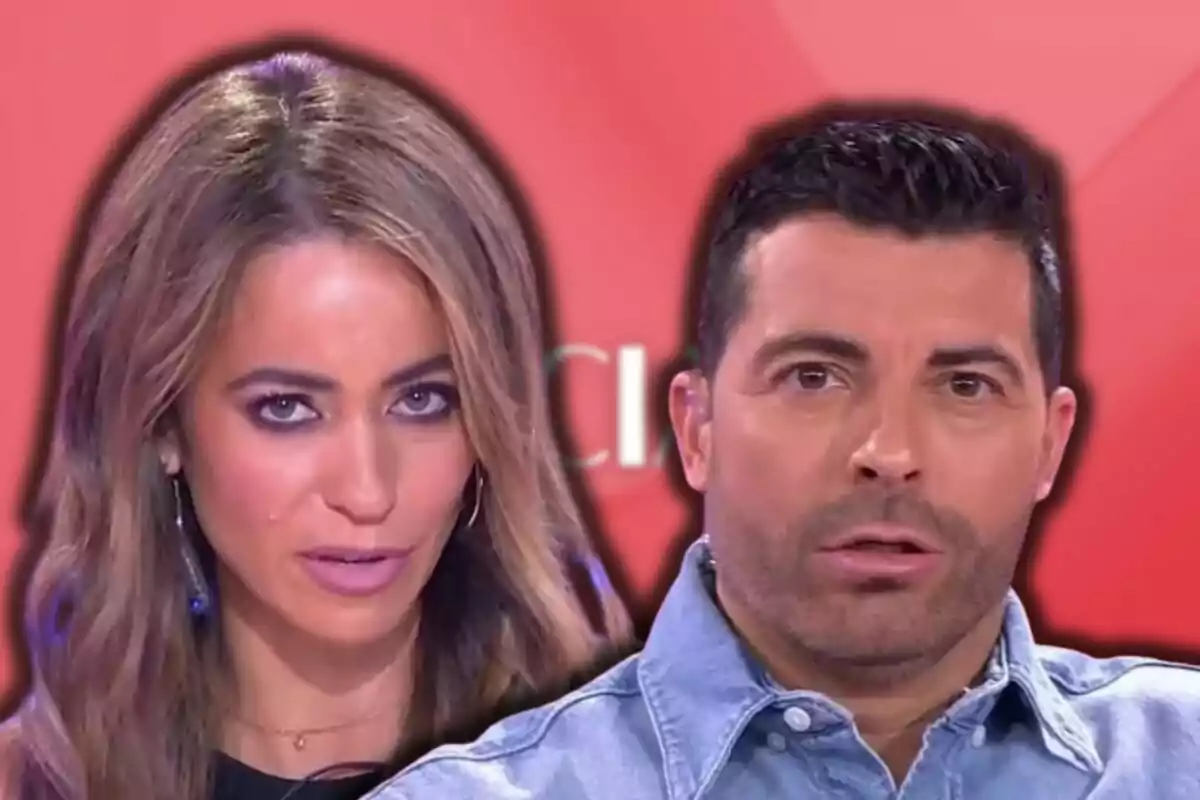 María Verdoy y Antonio Santana con expresiones serias frente a un fondo rojo difuminado