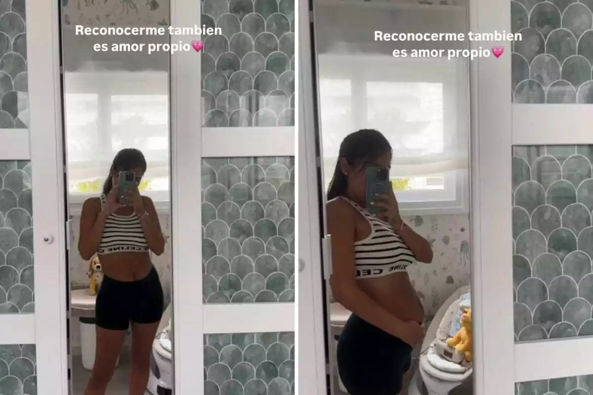 Isa Pantoja fent-se selfies davant d’un mirall amb roba esportiva i la frase Isa Pantoja fent-se selfies davant d’un mirall amb roba esportiva i la frase