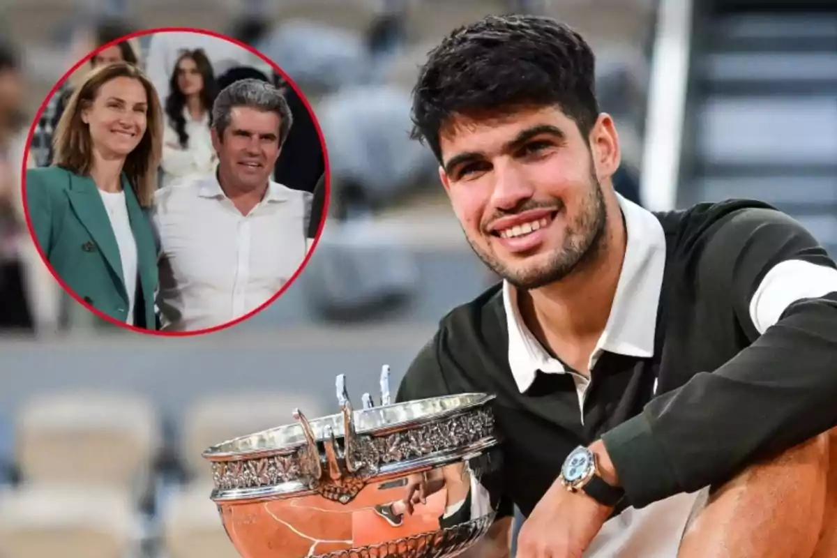 Montage featuring Carlos Alcaraz, smiling and holding a trophy, and his parents, Carlos and Virginia, inside a red circle in the top left corner