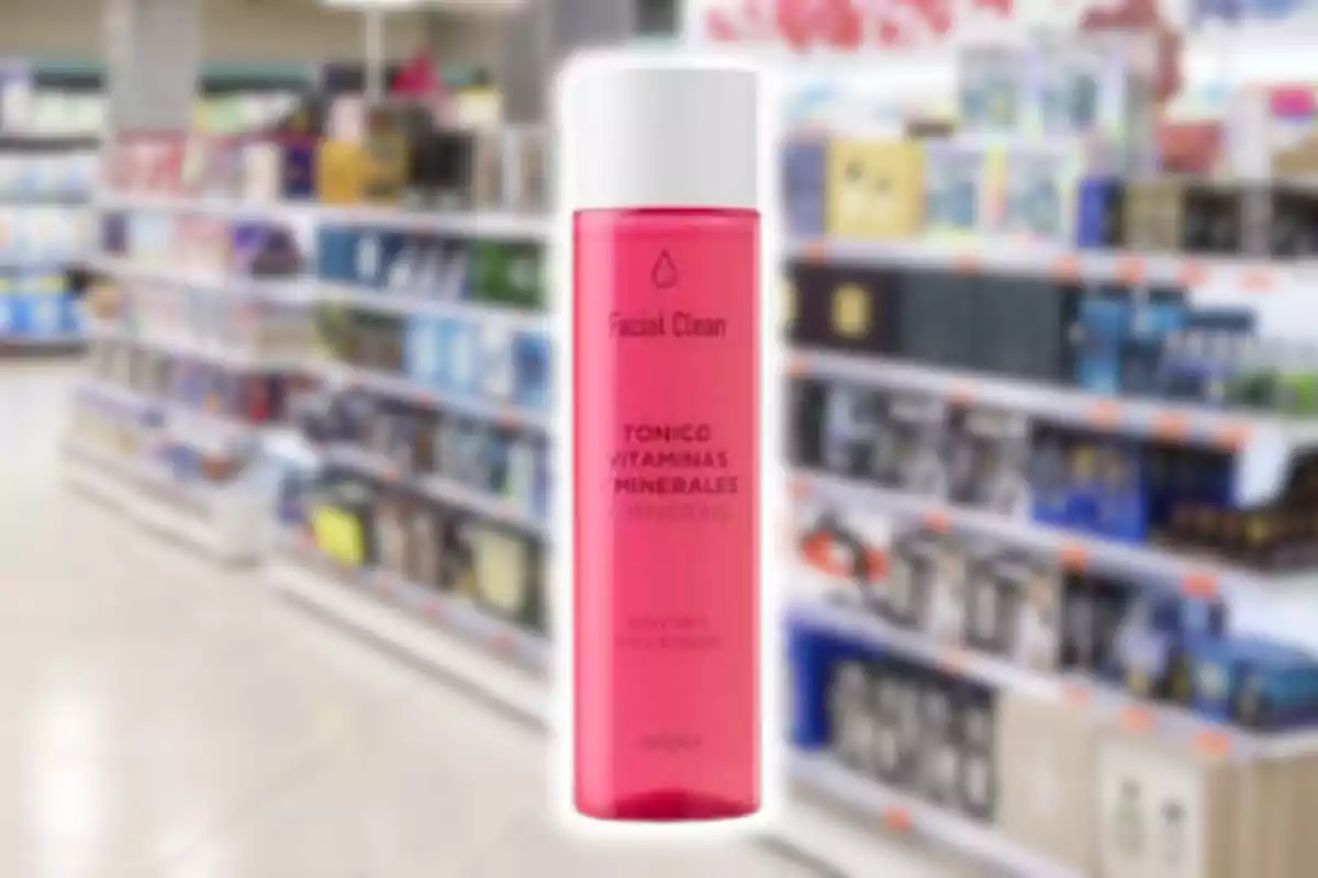 Botella de tónico facial color rosa con tapa blanca en el pasillo de una tienda de productos de cuidado personal Botella de tónico facial color rosa con tapa blanca en el pasillo de una tienda de productos de cuidado personal
