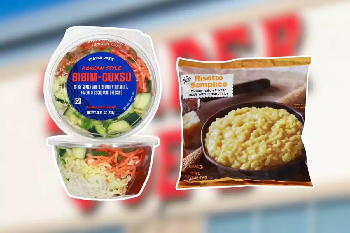 Trader Joe's food containers, one with Korean noodles and vegetables and another with creamy Italian risotto