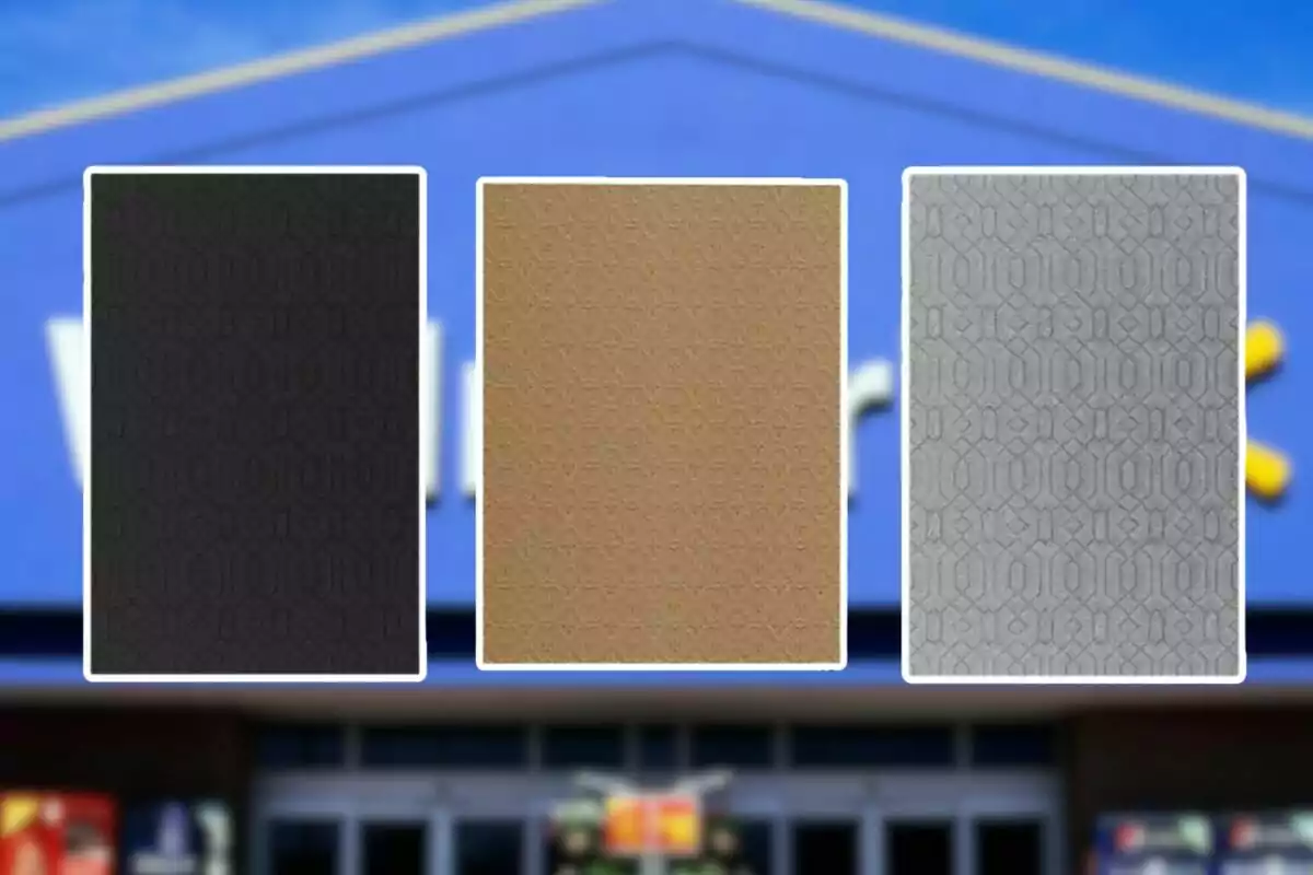 Three rugs in different colors—black, brown, and gray—with a blurred store background.