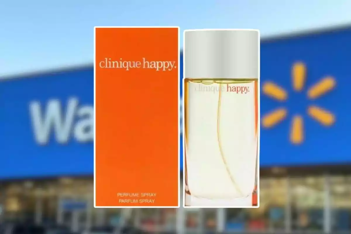 Caja y frasco de perfume Clinique Happy frente a una tienda Walmart desenfocada. Caja y frasco de perfume Clinique Happy frente a una tienda Walmart desenfocada.