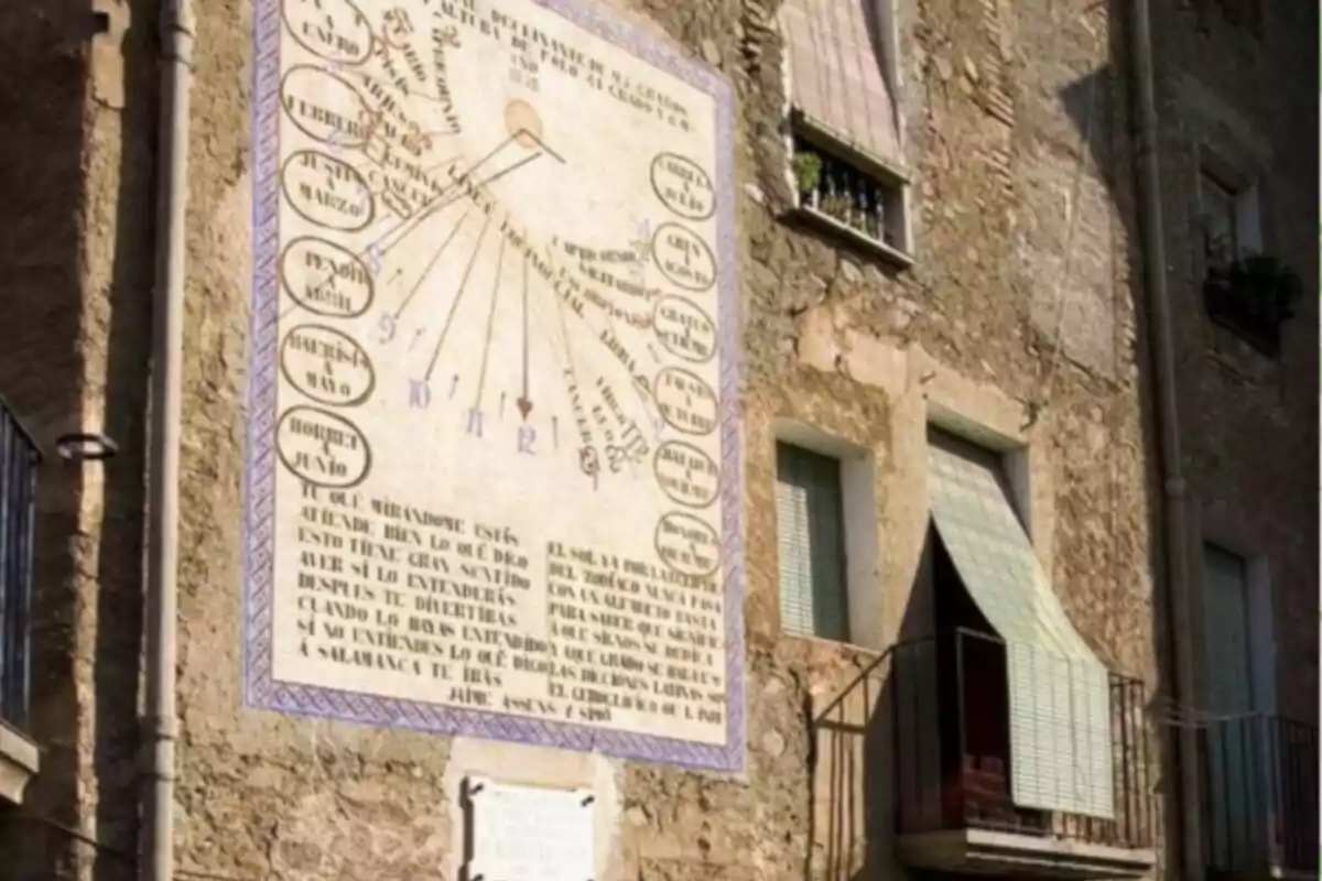 Rellotge de sol pintat a la paret d’un edifici antic amb finestres i persianes, en un carrer assolellat Rellotge de sol pintat a la paret d’un edifici antic amb finestres i persianes, en un carrer assolellat