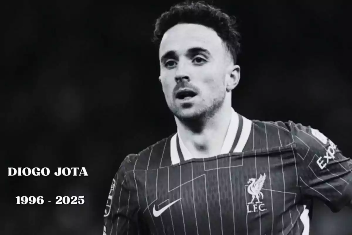 Black and white photograph of a player in a Liverpool uniform with text that reads Diogo Jota 1996 - 2025 Black and white photograph of a player in a Liverpool uniform with text that reads Diogo Jota 1996 - 2025