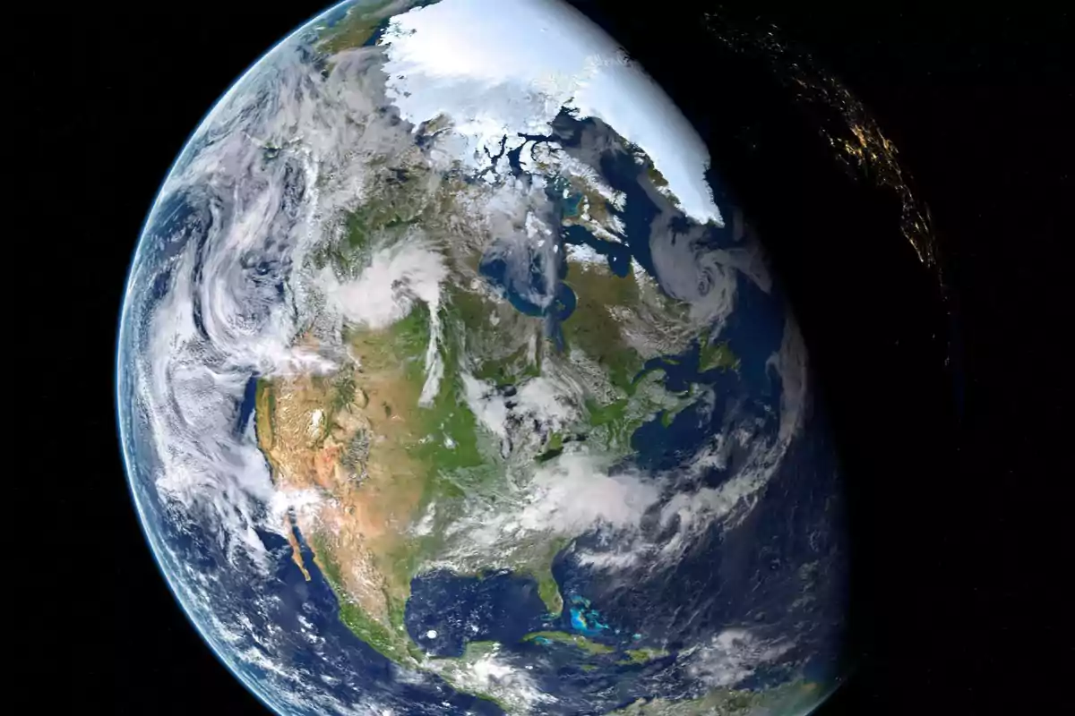 Satellite view of planet Earth showing North America surrounded by clouds and oceans