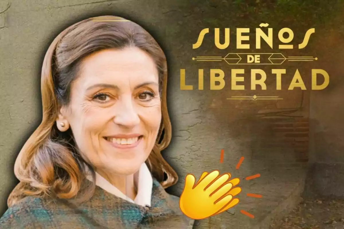 Dona somrient amb cabells castanys i jersei de quadres al costat del text Sueños de Libertad i un emoji d’aplaudiments