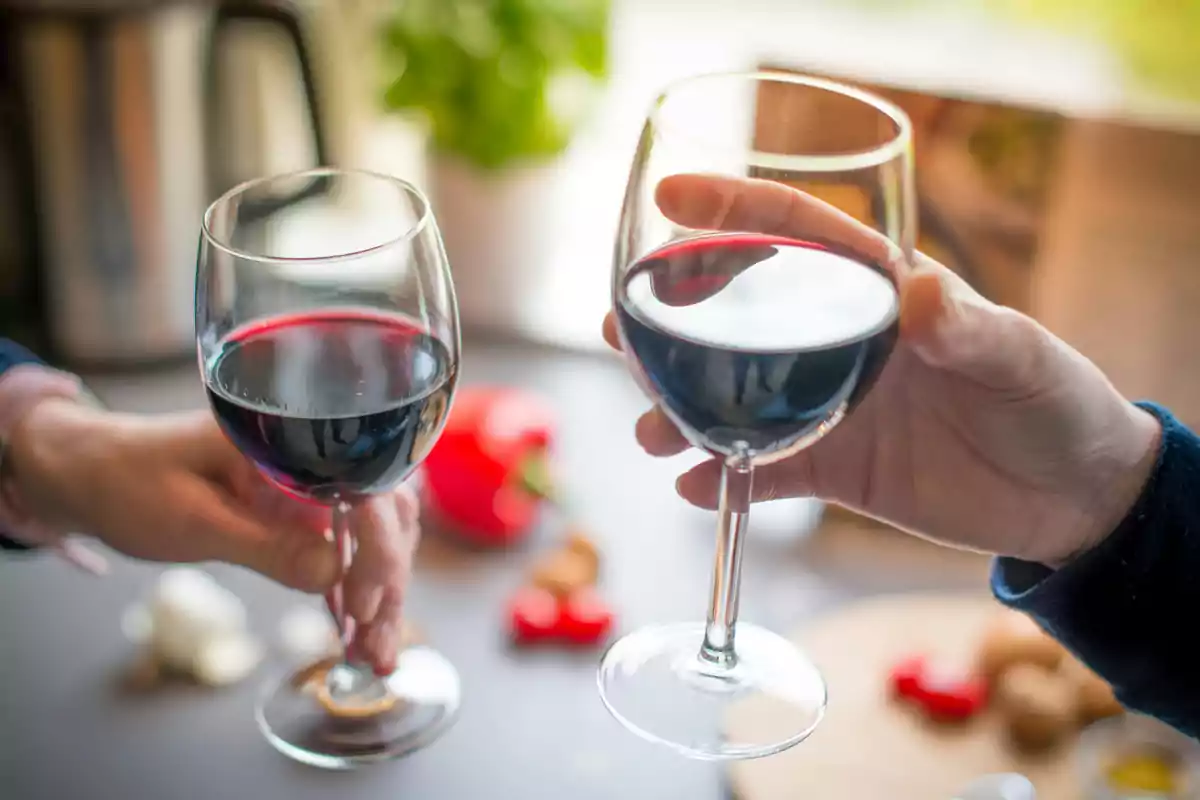 Two people toasting with glasses of red wine in a cozy setting Two people toasting with glasses of red wine in a cozy setting