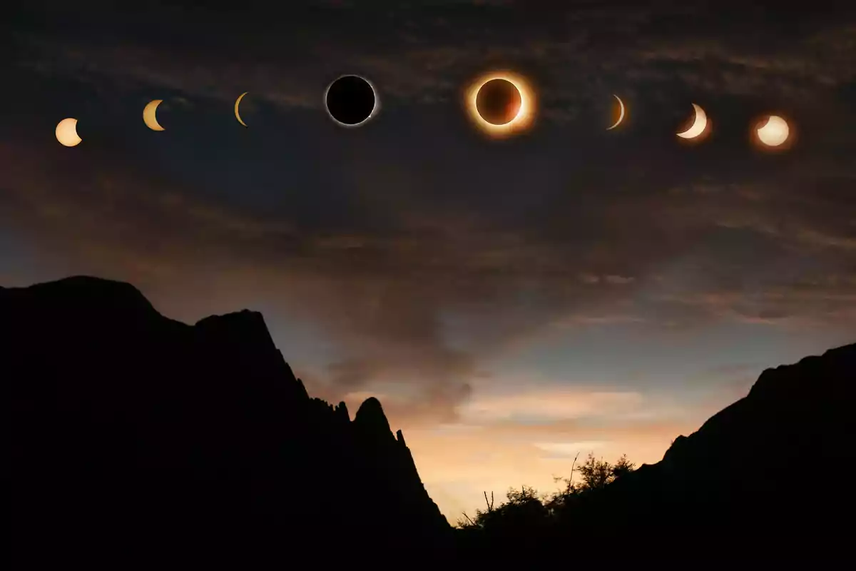Secuencia de un eclipse solar sobre un paisaje montañoso al atardecer Secuencia de un eclipse solar sobre un paisaje montañoso al atardecer