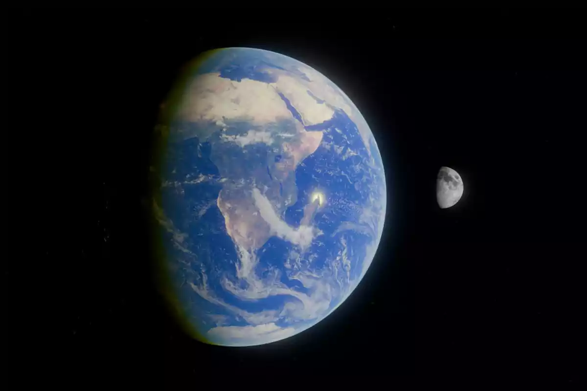La Tierra vista desde el espacio con África en primer plano y la Luna al fondo sobre un fondo negro