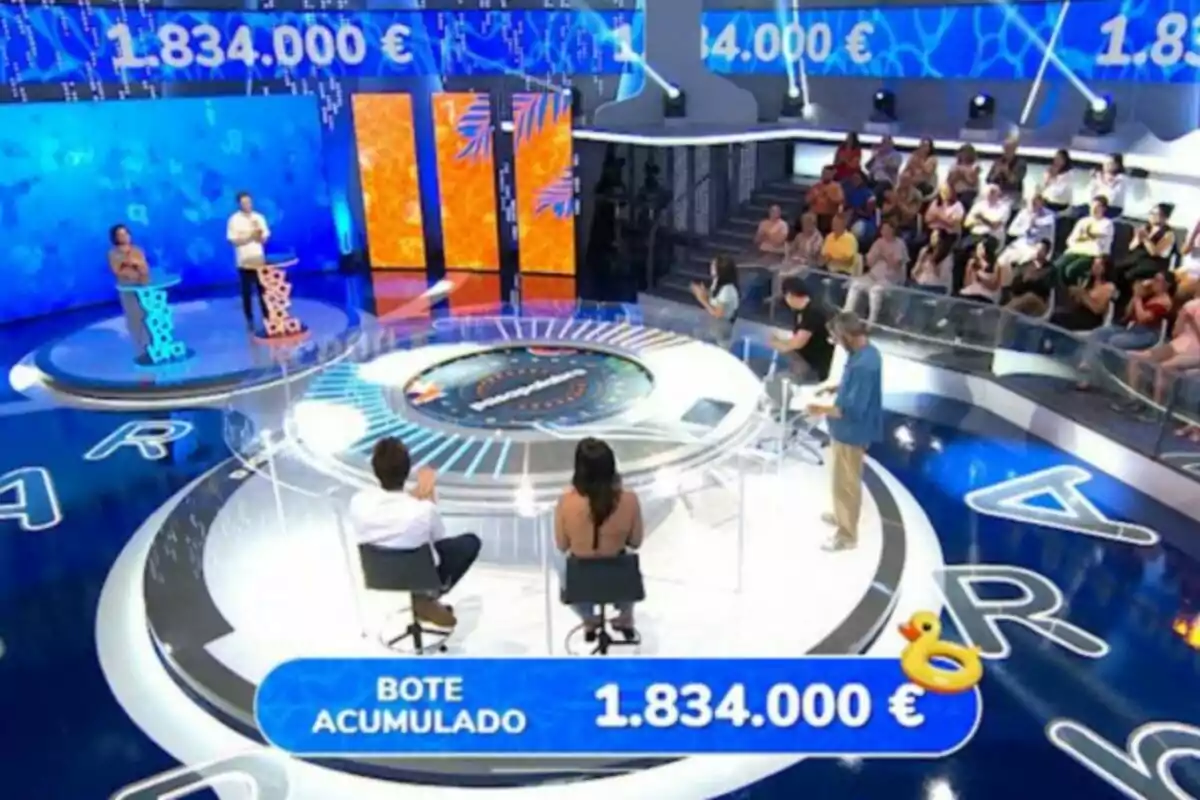 Un plató de concurs televisiu amb concursants, presentador, públic i un pot acumulat d’un milió vuit-cents trenta-quatre mil euros mostrat a la pantalla. Un plató de concurs televisiu amb concursants, presentador, públic i un pot acumulat d’un milió vuit-cents trenta-quatre mil euros mostrat a la pantalla.