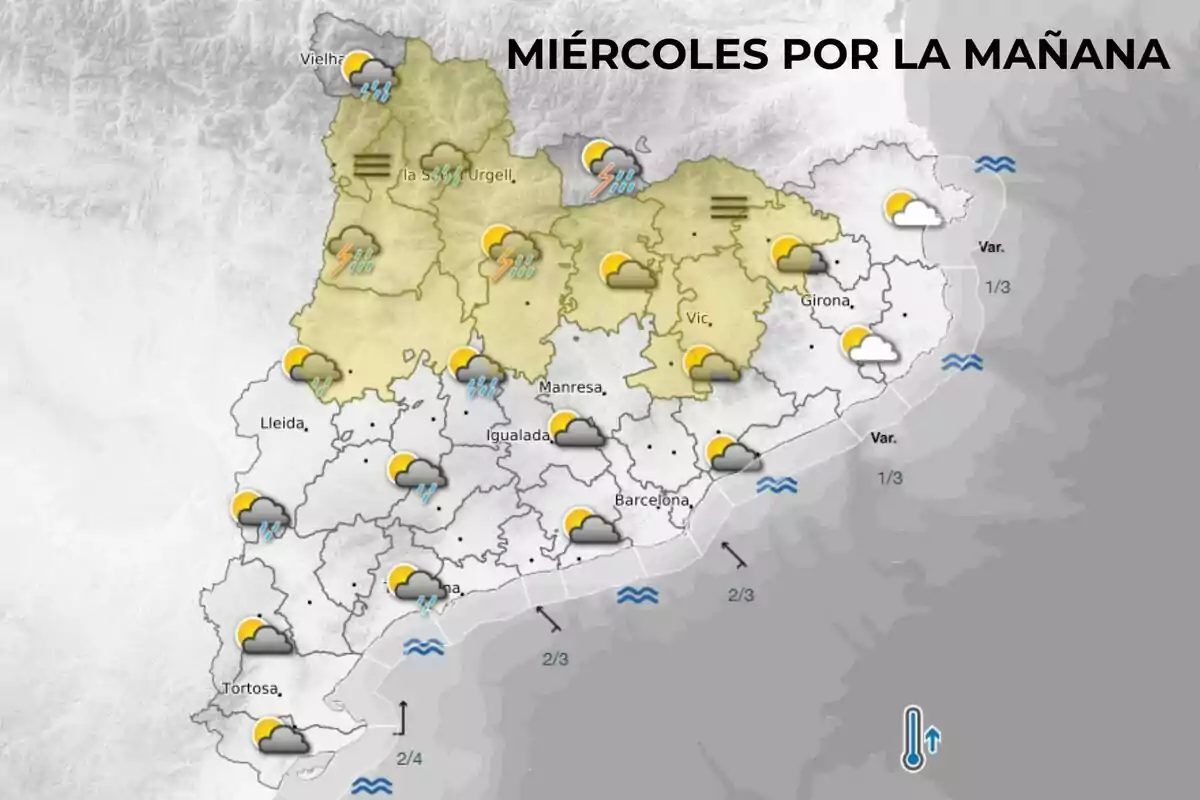 Mapa meteorológico de Cataluña para la mañana del miércoles con predominio de nubes, lluvias y tormentas en el norte y noroeste, intervalos nubosos en el resto de la región y símbolos de viento y oleaje en la costa Mapa meteorológico de Cataluña para la mañana del miércoles con predominio de nubes, lluvias y tormentas en el norte y noroeste, intervalos nubosos en el resto de la región y símbolos de viento y oleaje en la costa