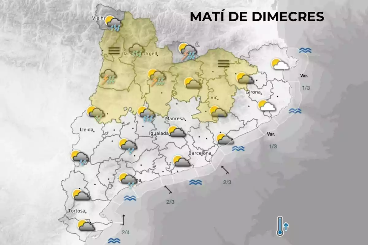 Mapa meteorològic de Catalunya per al matí de dimecres amb icones de núvols, pluges, tempestes i clarianes en diferents zones, a més de símbols de vent i onatge a la costa. Mapa meteorològic de Catalunya per al matí de dimecres amb icones de núvols, pluges, tempestes i clarianes en diferents zones, a més de símbols de vent i onatge a la costa.