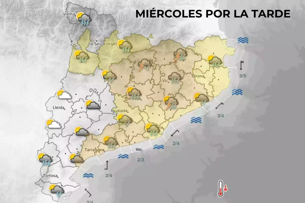Mapa meteorológico de Cataluña para la tarde del miércoles con pronóstico de lluvias, tormentas y nubes en varias zonas Mapa meteorológico de Cataluña para la tarde del miércoles con pronóstico de lluvias, tormentas y nubes en varias zonas