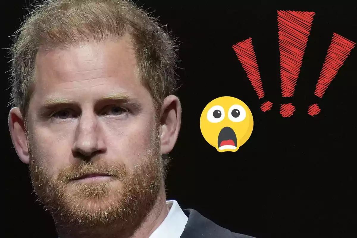 Prince Harry with a serious expression next to a surprised emoji and red exclamation marks on a black background