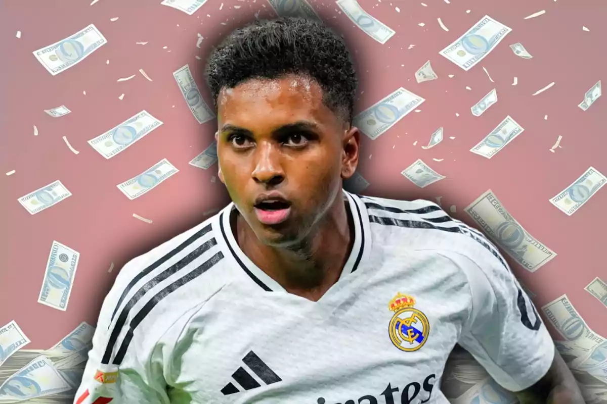 Futbolista del Real Madrid con fondo de billetes volando