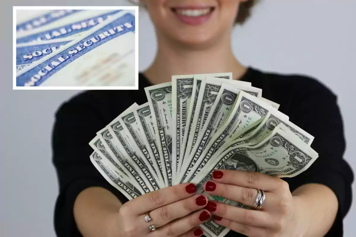 Smiling woman holds several one-dollar bills fanned out, and in the upper left corner, a blurred United States Social Security card appears.