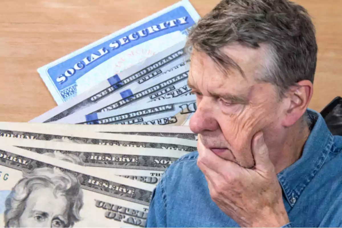 Thoughtful elderly man with dollar bills and a Social Security card on a table Thoughtful elderly man with dollar bills and a Social Security card on a table