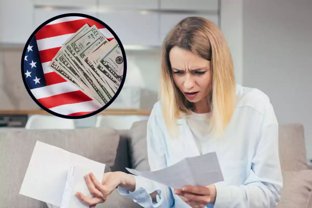 Woman with a worried expression reading a letter, while the image shows a circle with dollar bills over a United States flag.