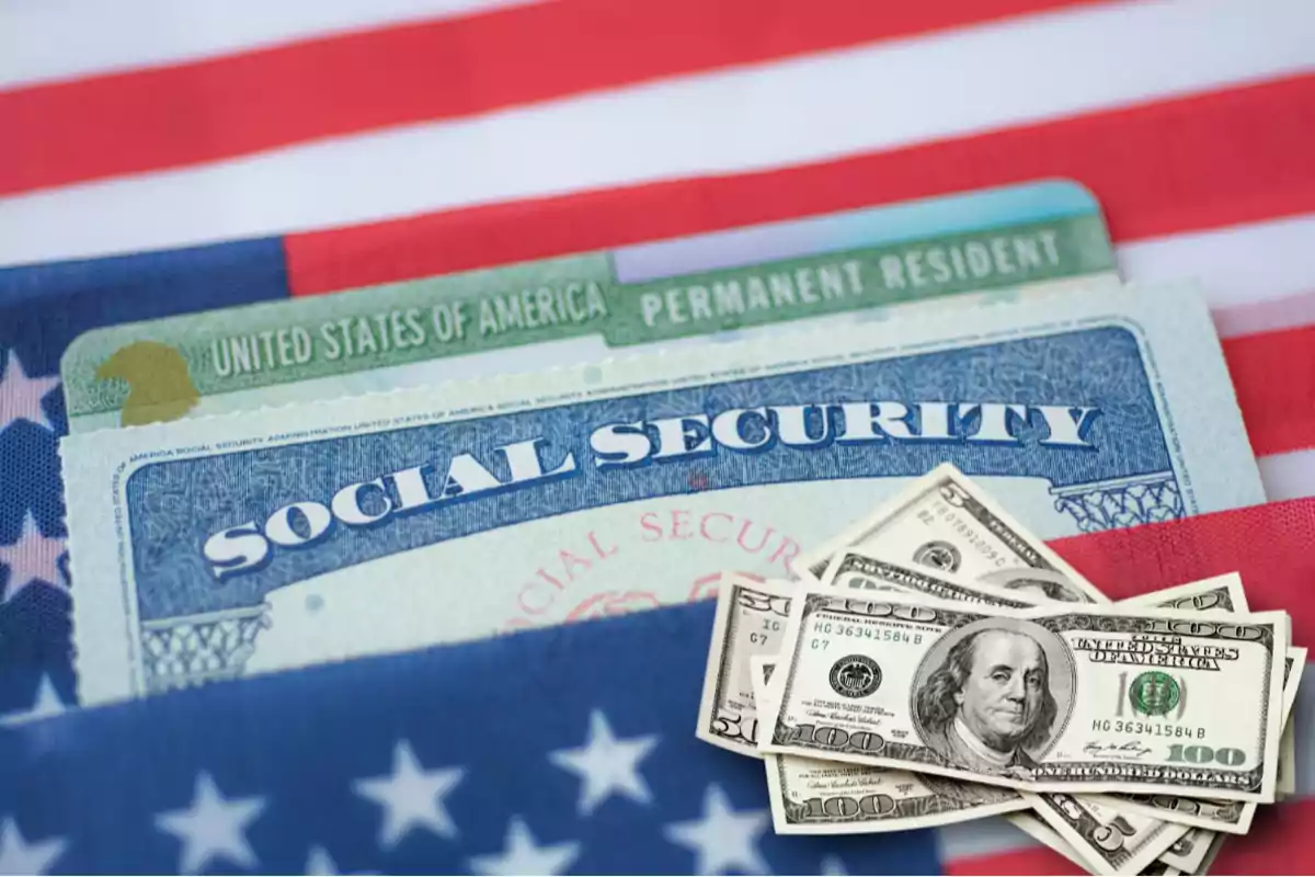 Social Security card, permanent resident card, and dollar bills on a United States flag Social Security card, permanent resident card, and dollar bills on a United States flag