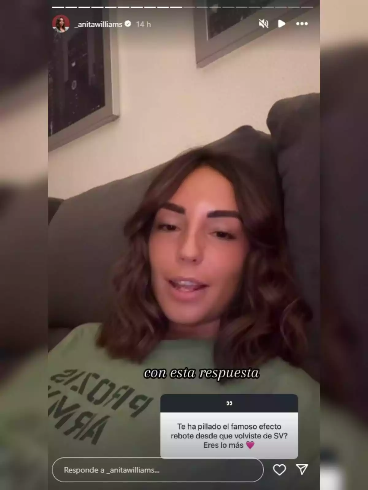 Anita Williams sentada en un sofá, usando una camiseta verde, respondiendo una pregunta en una historia de Instagram Anita Williams sentada en un sofá, usando una camiseta verde, respondiendo una pregunta en una historia de Instagram
