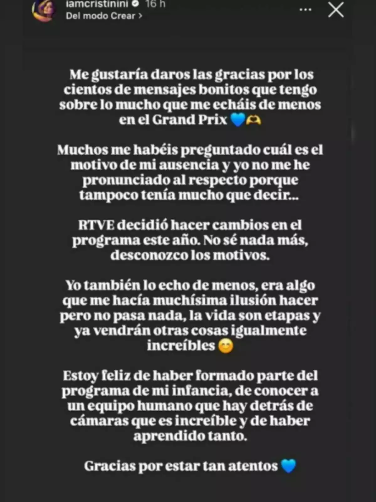 Història d’Instagram de iamcristinini amb un missatge d’agraïment als seus seguidors pels missatges rebuts i explicant la seva absència al programa Grand Prix, mencionant que RTVE va decidir fer canvis i expressant la seva felicitat per haver format part de l’equip. Història d’Instagram de iamcristinini amb un missatge d’agraïment als seus seguidors pels missatges rebuts i explicant la seva absència al programa Grand Prix, mencionant que RTVE va decidir fer canvis i expressant la seva felicitat per haver format part de l’equip.