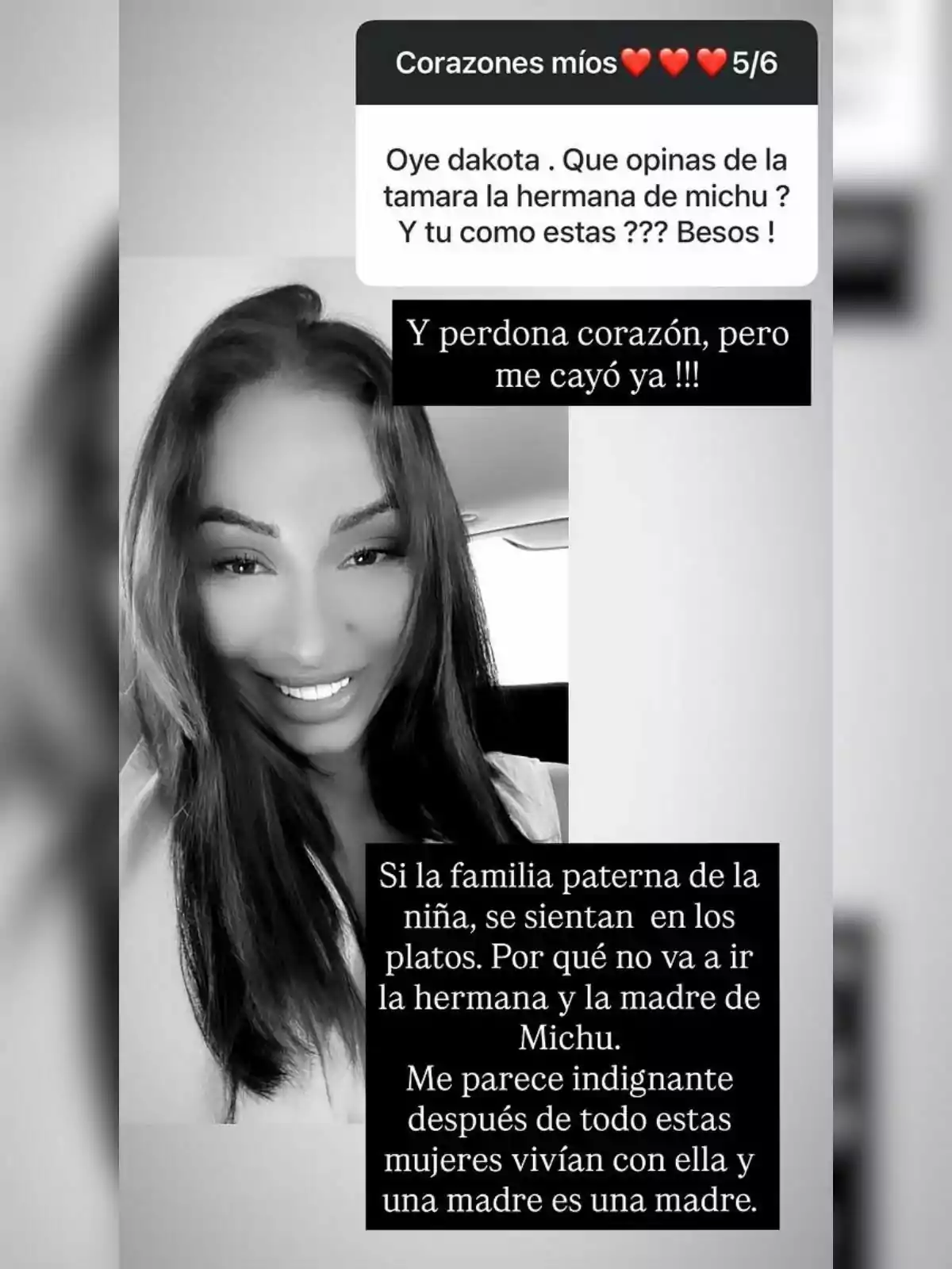 Dakota Tárraga sonriente en una foto en blanco y negro con varios cuadros de texto sobre temas familiares y opiniones personales. Dakota Tárraga sonriente en una foto en blanco y negro con varios cuadros de texto sobre temas familiares y opiniones personales.