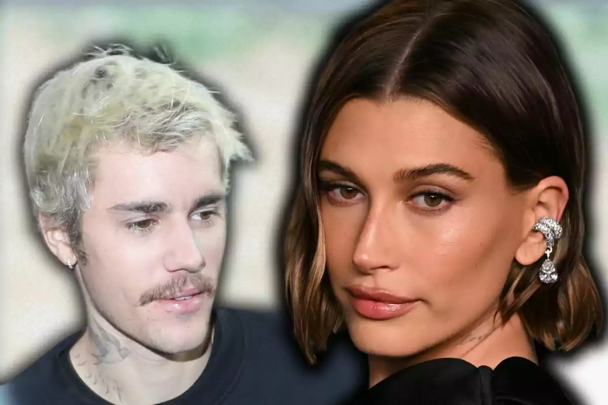 Justin Bieber amb cabells rossos i bigoti al costat de Hailey Bieber amb cabells castanys curts amb una arracada brillant