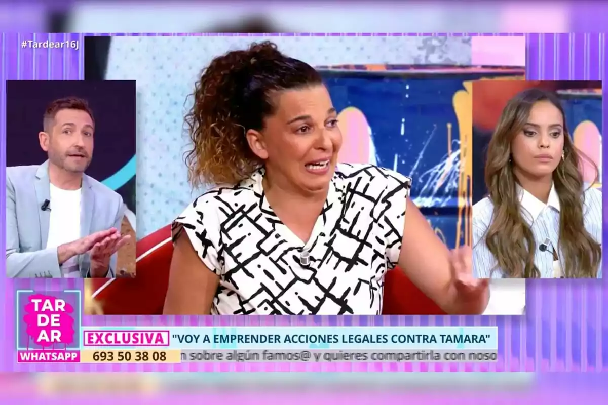 Frank Blanco, Tamara i Gloria Camila participen en un programa de televisió anomenat TardeAR, una dona al centre parla amb expressió seriosa mentre un home i una altra dona apareixen en requadres als costats, el text a la pantalla esmenta accions legals i un número de WhatsApp. Frank Blanco, Tamara i Gloria Camila participen en un programa de televisió anomenat TardeAR, una dona al centre parla amb expressió seriosa mentre un home i una altra dona apareixen en requadres als costats, el text a la pantalla esmenta accions legals i un número de WhatsApp.