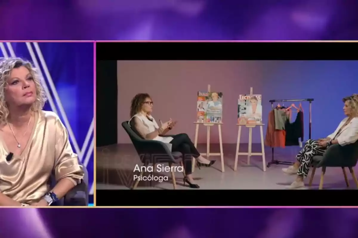 Terelu Campos, rubia con blusa dorada, observa en ¡De Viernes' imágenes de ella en una estancia con la psicóloga Ana Sierra Terelu Campos, rubia con blusa dorada, observa en ¡De Viernes' imágenes de ella en una estancia con la psicóloga Ana Sierra