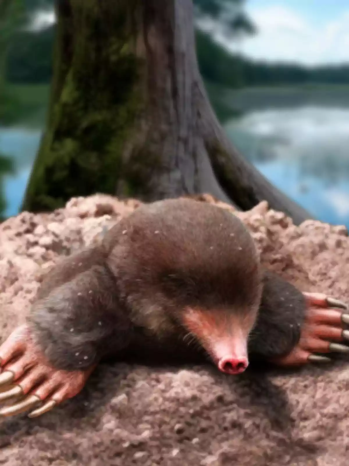 Un topo asomando la cabeza y las patas de la tierra con un árbol y un lago desenfocados al fondo Un topo asomando la cabeza y las patas de la tierra con un árbol y un lago desenfocados al fondo