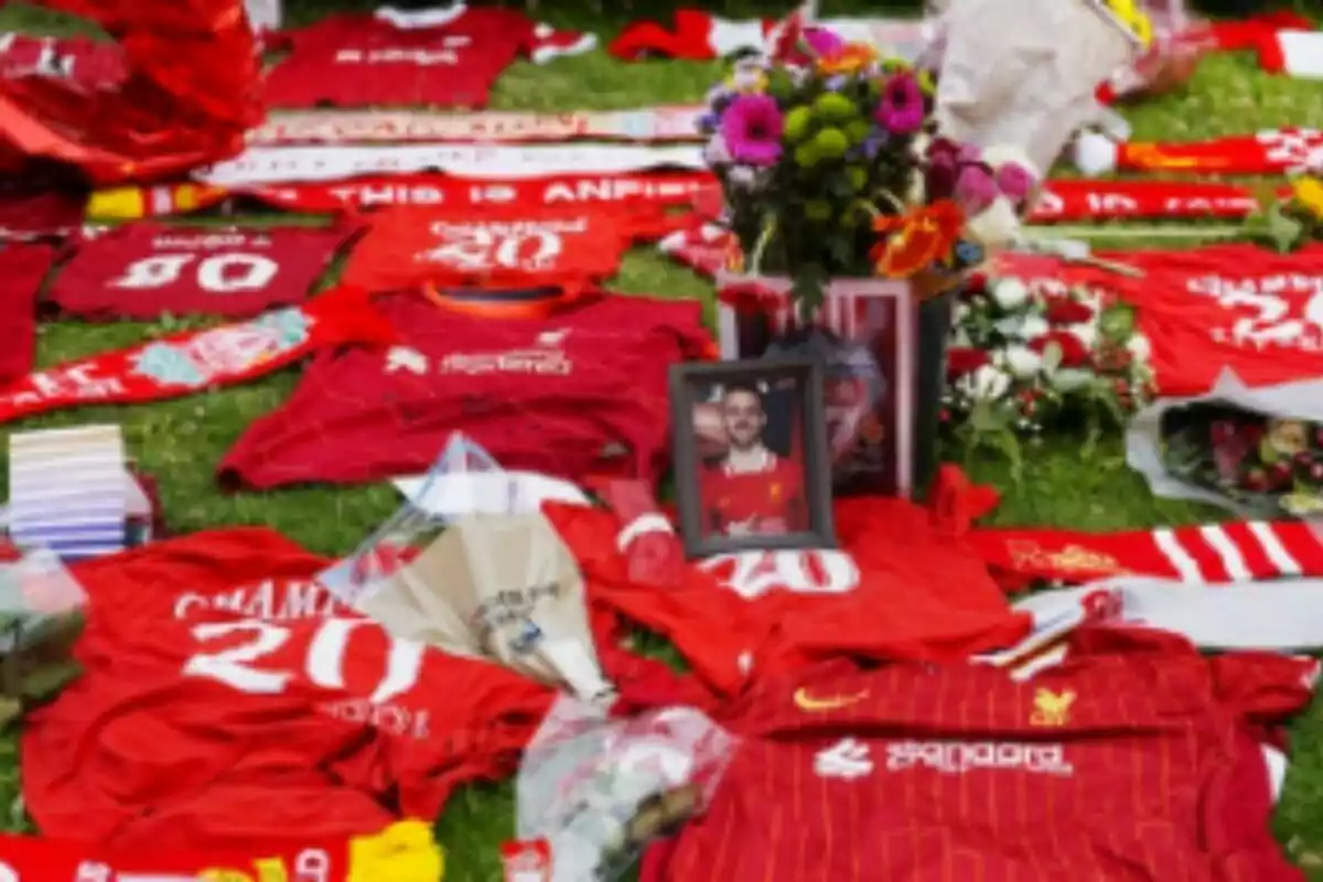 Camisetas y bufandas rojas de Liverpool junto a flores y una foto enmarcada sobre césped en un homenaje a Diogo Jota. Camisetas y bufandas rojas de Liverpool junto a flores y una foto enmarcada sobre césped en un homenaje a Diogo Jota.